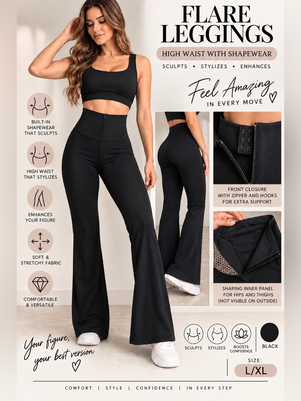Women’s L/XL High Waist Flare Leggings Shapewear Tummy Control Front Zipper Blk.